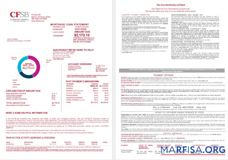 Realistic USA CFSB bank mortgage loan statement in Word and PDF formats , 4 pages 1 2 template